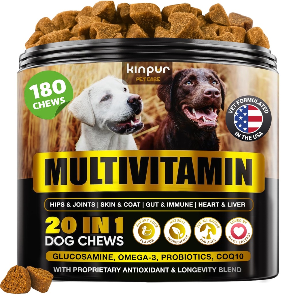 20 in 1 Multivitamin for Dogs - Immune Dog Supplements, 180 Soft Duck Chews | Vitamins for dogs with Glucosamine - Digestive, Skin & Coat Support, Probiotics, Joint Health - Puppy to Senior, All Breeds