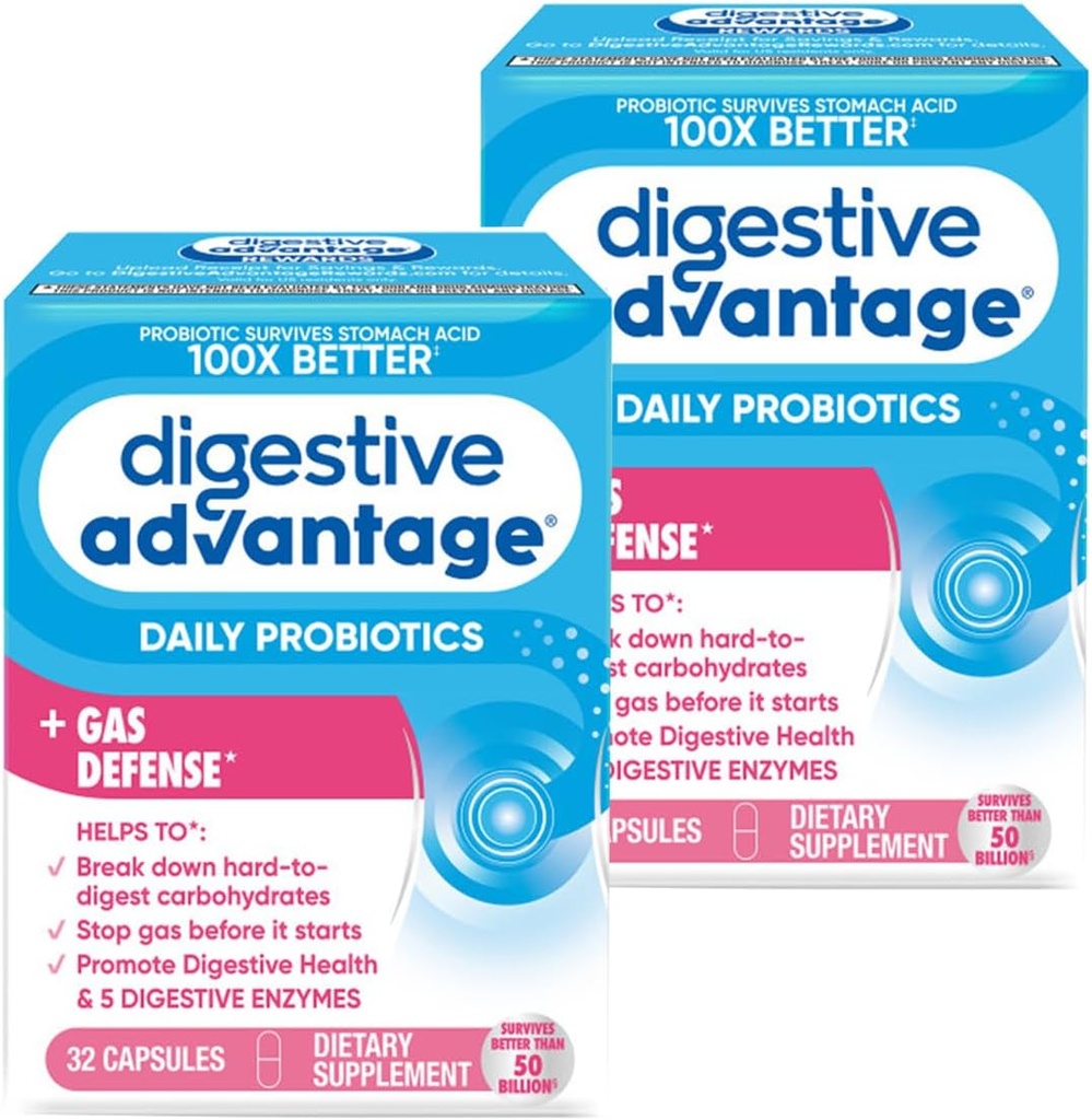 Digestive Advantage Fast Acting Enzymes + Daily Probiotic Prevent Gas & Break Down Food Particles 32 Count Capsules (2 Pack)