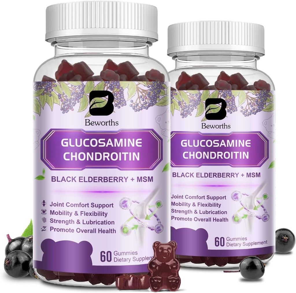 (2 Pack) Glucosamine Chondroitin Gummies, Extra Strength Joint Support Supplement with MSM & Elderberry for Mobility & Flexibility, Antioxidant Support for Men & Women, 120 Gummies
