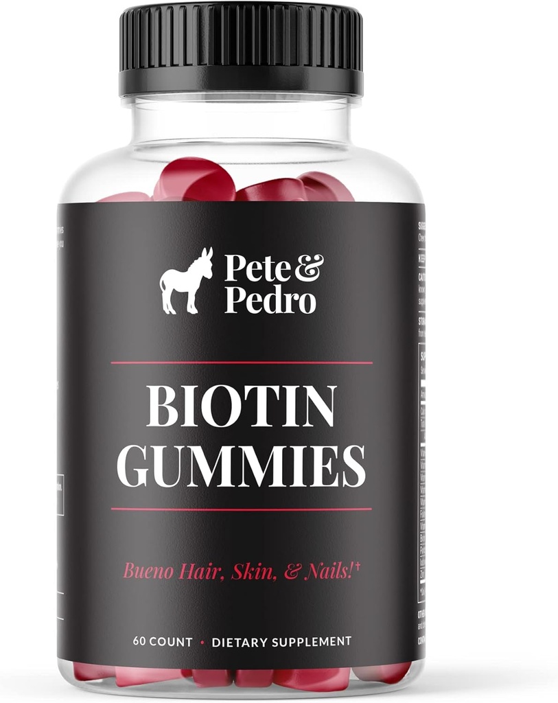 Pete & Pedro BIOTIN Gummies for Hair, Skin & Nails Growth for Women & Men |Hair Grow Supplement for Stronger Skin, & Nails | Cherry Biotin Gummy 5000mcg Per Serving | Seen on Shark Tank, 60 Count