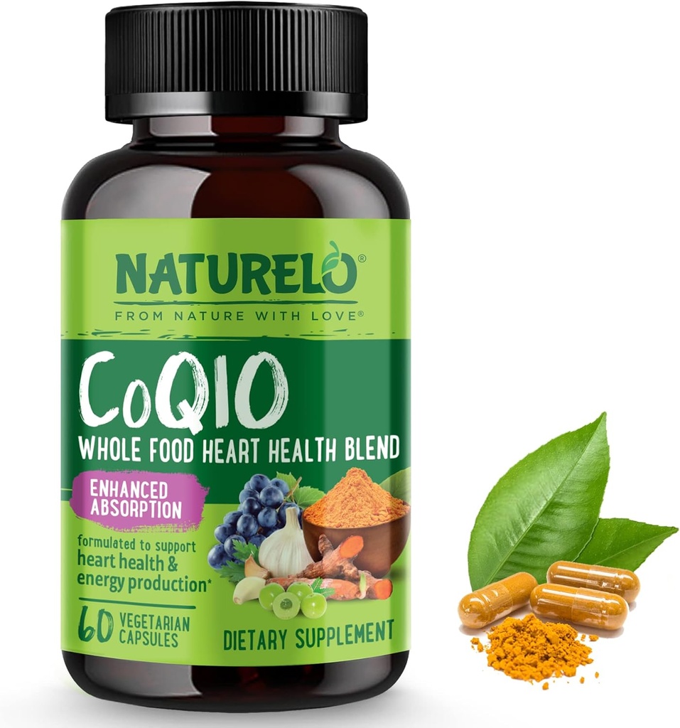 NATURELO Whole Food CoQ10 Supplement, 60 Veg Capsules, Heart Health Blend, Powerful Antioxidant, CoQ10 100mg for Energy Production