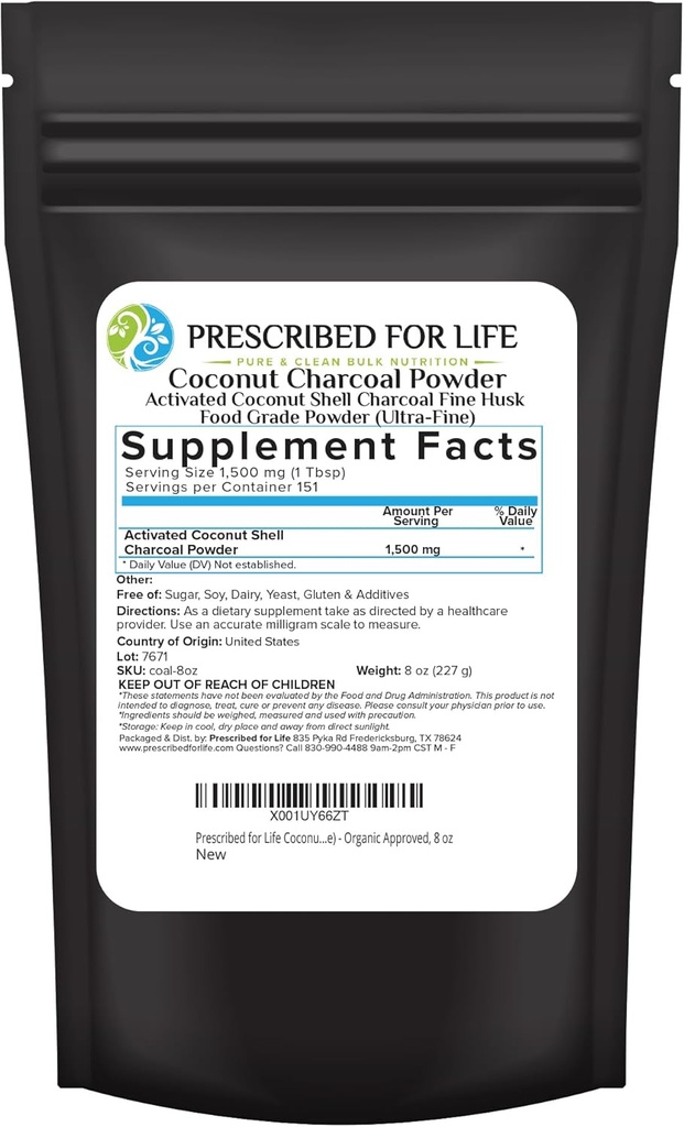 Prescribed For Life Activated Charcoal Powder, Coconut Shell Charcoal Ultra Fine Husk Food Grade Powder (8 oz)
