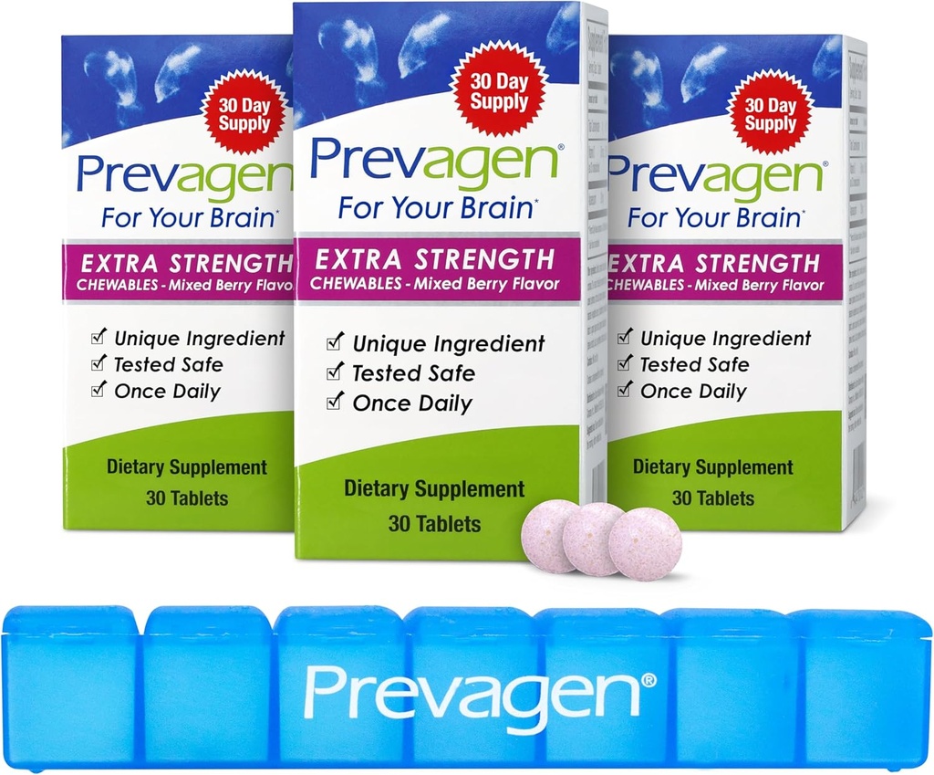 Prevagen Extra Strength Mixed Berry Chewables - 90 Tablets (3 Month Supply) | Formulated for Your Brain | 20mg of Apoaequorin Plus Vitamin D3 with 7-Day Pill Minder