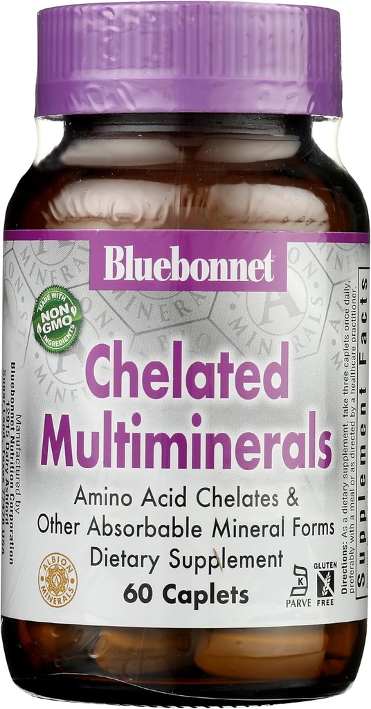 Bluebonnet Nutrition High Potency Chelated Multiminerals, Albion Chelated Minerals, Soy-Free, Gluten-Free, Non-GMO, Kosher Certified, Dairy-Free, 60 Caplets, 20 Servings
