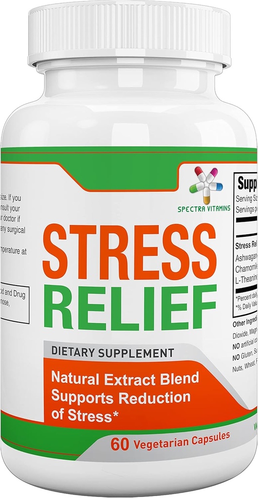 Spectra Vitamins Stress Relief for Adults, Natural Stress Supplement with Ashwagandha and Herbal Formula, Focus and Energy Supplement to Relax and Calm, 60 Capsules