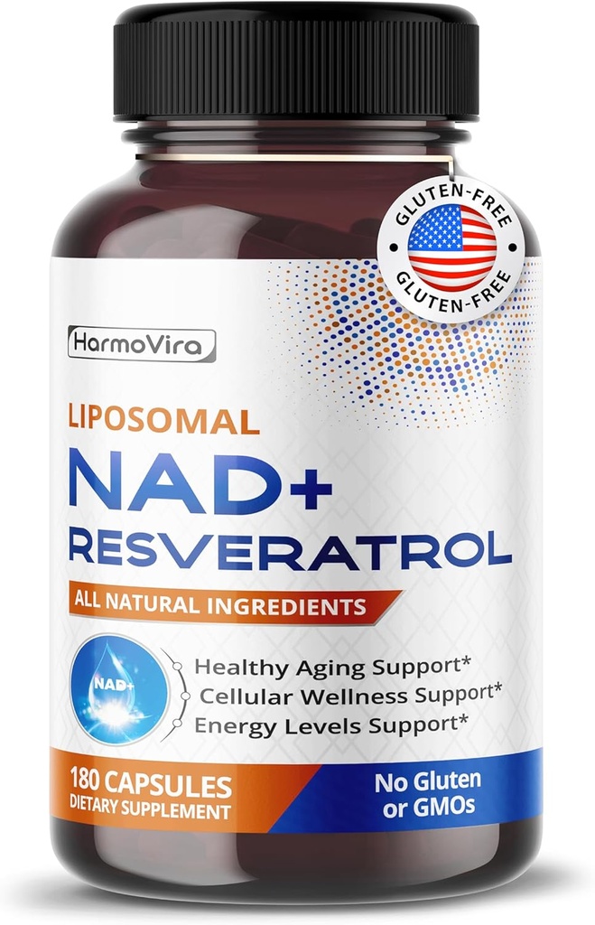 Liposomal NAD+ 600mg with Resveratrol 200mg for Cellular Energy & Healthy Aging – 180 Capsules – Vegan, Non-GMO, USA Made