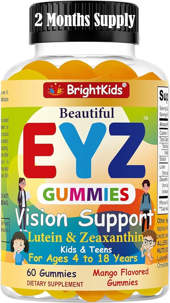 BrightKids Eye Health Gummies for Kids & Teens – Lutein & Zeaxanthin Vision Support – Vegan, Non-GMO Eye Vitamins for Screen Time – Tasty Mango Flavor – 60 Gummies