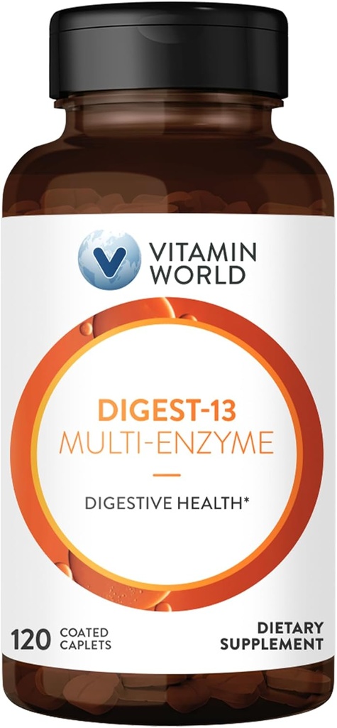 Vitamin World Digest-13 Multi-Enzyme, 1010mg Digestive Enzymes Blend with Amylase, Bromelain, Papain & Lipase for Digestion and Absorption, Digestive Enzymes for Bloating & Gas, 120 Caplets