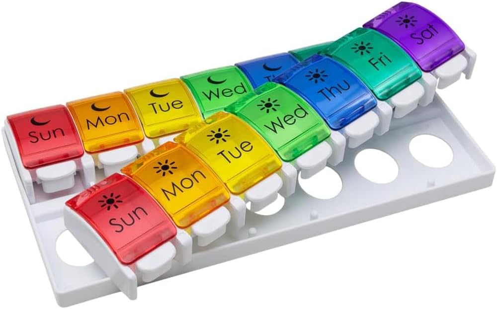 EZY DOSE Weekly (7-Day) Pill Case, Medicine Planner, Vitamin Organizer, 2 Times a Day AM/PM, Removeabale Trays, Large Push Button Compartments, Easy to Use, Arthritis Friendly, Rainbow Lids, BPA Free