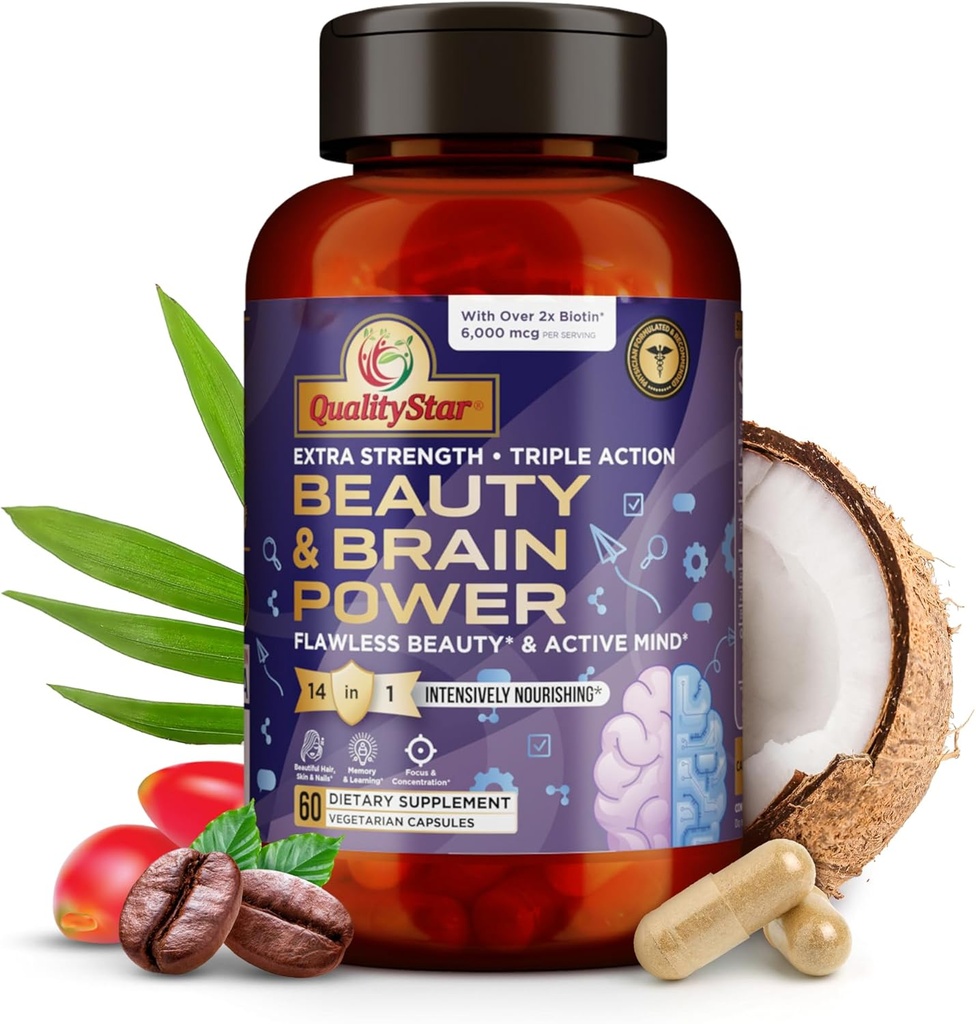 Beauty & Brain Power, Extra Strength + Triple Action Brain Supplement, Skin Vitamins for Flawless Beauty, Beauty & Brain Health Supplements for Adults, 60 Vegetarian Capsules