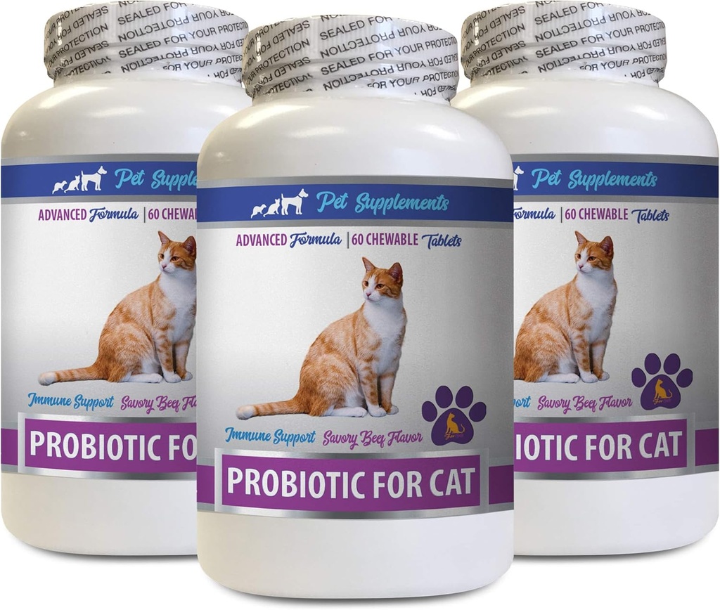 cat Mints for Bad Breath - CAT PROBIOTICS - Immune Support - Savory Beef Flavor - Natural Formula - cat probiotics Daily - 3 Bottles (180 Treats)
