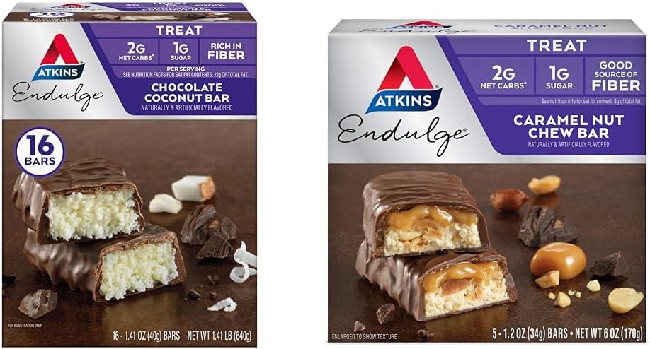 Atkins Endulge Chocolate Coconut Bar 16 Count & Caramel Nut Chew Bar 5 Count Bundle
