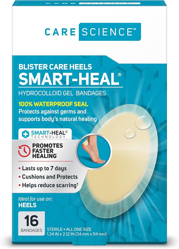 Care Science Smart Heal Hydrocolloid Gel Bandages for Heels, 1.3 in x 2.1 in, 16 Count
