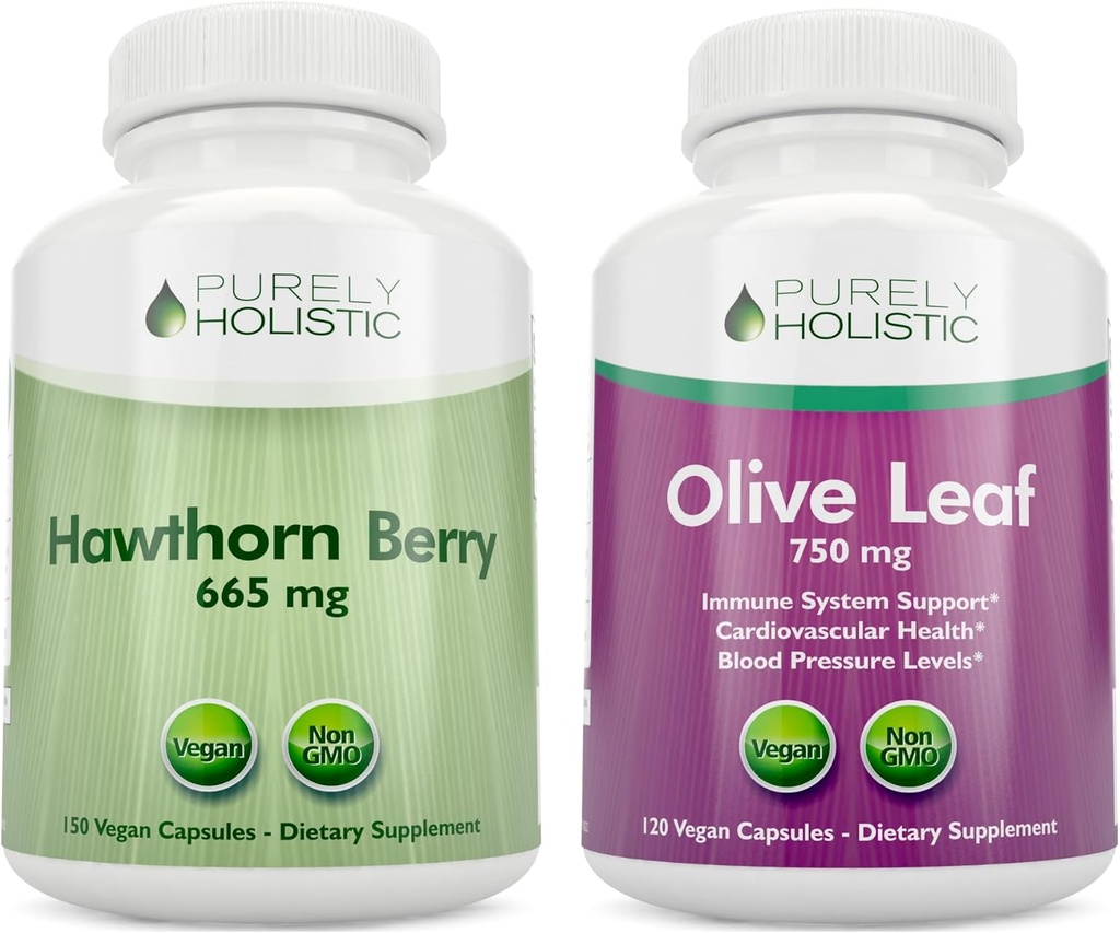 Purely Holistic Hawthorn Berry 665mg + Olive Leaf Extract 750mg Bundle + 270 Vegan Capsules - Made in The USA