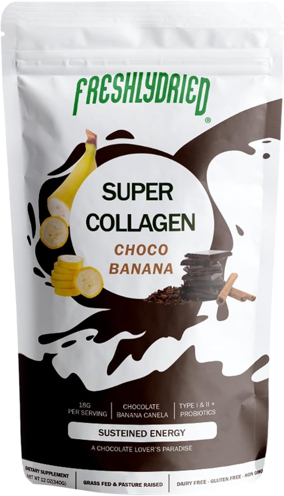 Freshlydried Collagen Peptides & ChocoBanana Powder – Supports Hair, Skin, Nails, Bones & Joints – Type I & III Grass-Fed Collagen + Probiotics – Chocolate Banana Cinnamon Flavor – 10 Servings, 6 oz