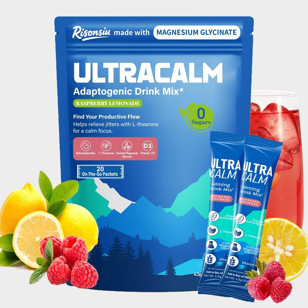 UltraCalm Super Cortisol Drink with Magnesium Glycinate, Ashwagandha, L-Theanine, Vitamin D3, Magnesium Powder for Sleep & Stress Relief, Raspberry Lemonade (20 Servings)