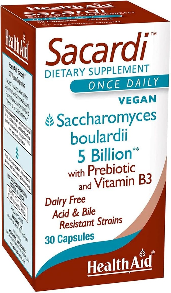 Sacardi Saccharomyces Boulardii – Once-Daily with Vitamin B3 & FOS | 5 Billion CFU | 30 Vegan Tablets | Dairy-Free & Acid-Resistant