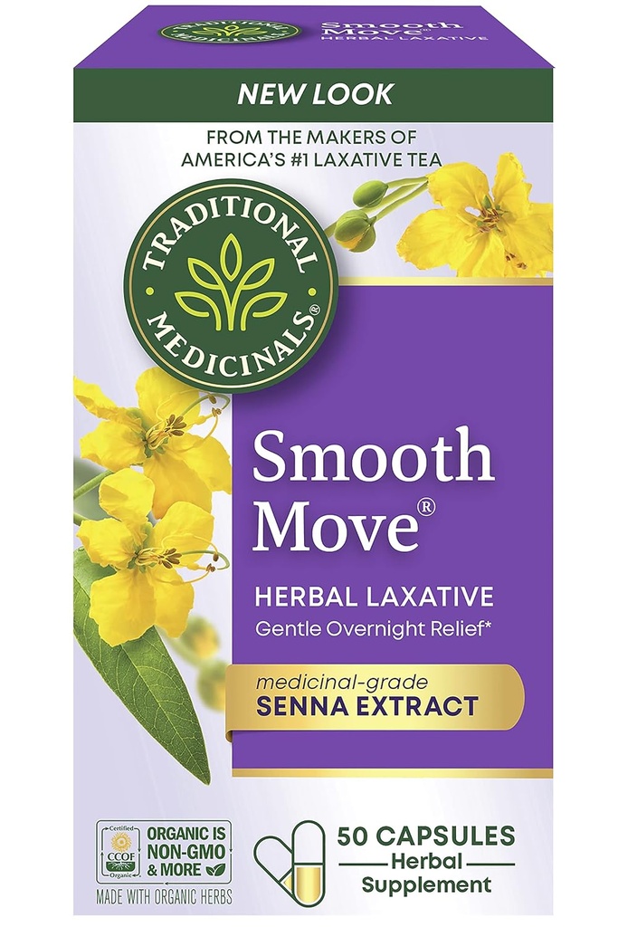 Traditional Medicinals - Smooth Move Laxative Capsules - Contains Organic Senna - Natural Herbal Constipation Relief - 50 Capsules (1 Pack)