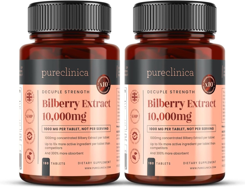 pureclinica Bilberry Extract 10,000mg x 360 Tablets (2 Bottles) - 10 X More Anthocyanidins w/ 5mg Black Pepper Extract