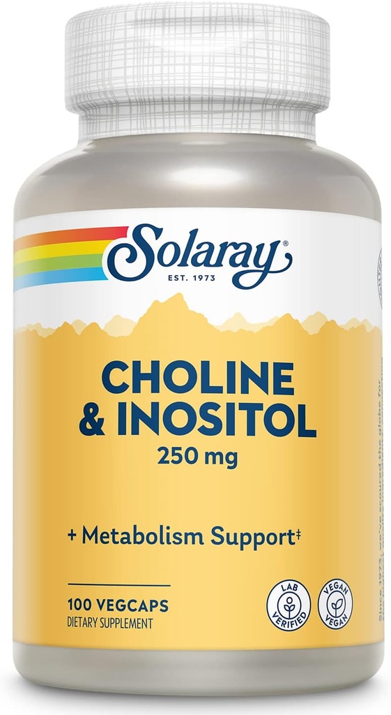SOLARAY Choline & Inositol 250 mg | Two-Nutrient Combo for Healthy Fat Metabolism, Brain Function Support | 100 VegCaps