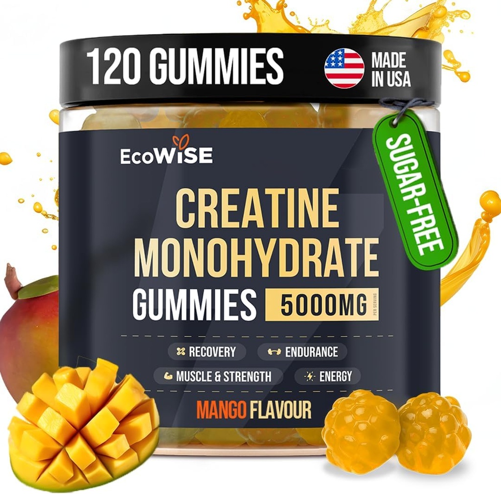 EcoWise Wellness Creatine Monohydrate Gummies 5000 mg, Mango Flavor, 120 Sugar-Free Vegan Chews, Creatine Supplement for Daily Routine