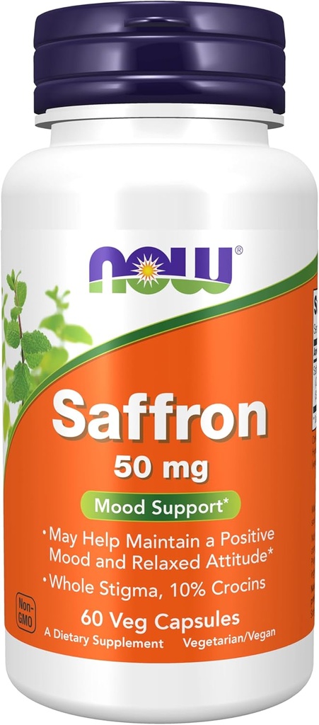 NOW Foods Supplements, Saffron Whole Herb 50 mg with 10% Crocins, 60 Veg Capsules with Microcrystalline cellulose, hypromellose (cellulose capsule), stearic acid (vegetable source) and silicon dioxide