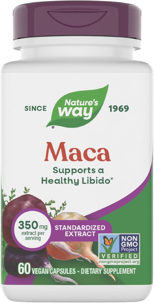 Nature's Way Maca Standardized Extract, Supports a Healthy Libido*, Standardized to 0.6% Glucosinolates, Non-GMO Project Verified, 60 Vegan Capsules (Packaging May Vary)