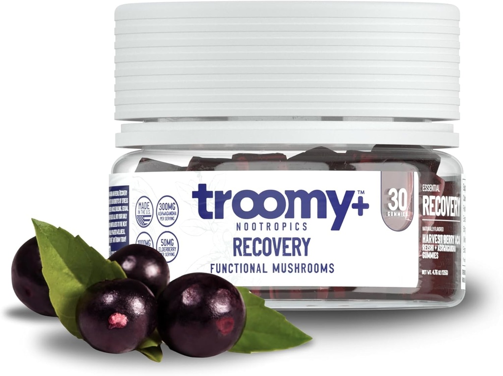Troomy Recovery Gummies - Ashwagandha and Reishi Mushrooms for Peak Performance - Gelatin-Free, Gluten-Free, Vegetarian - 30 Count