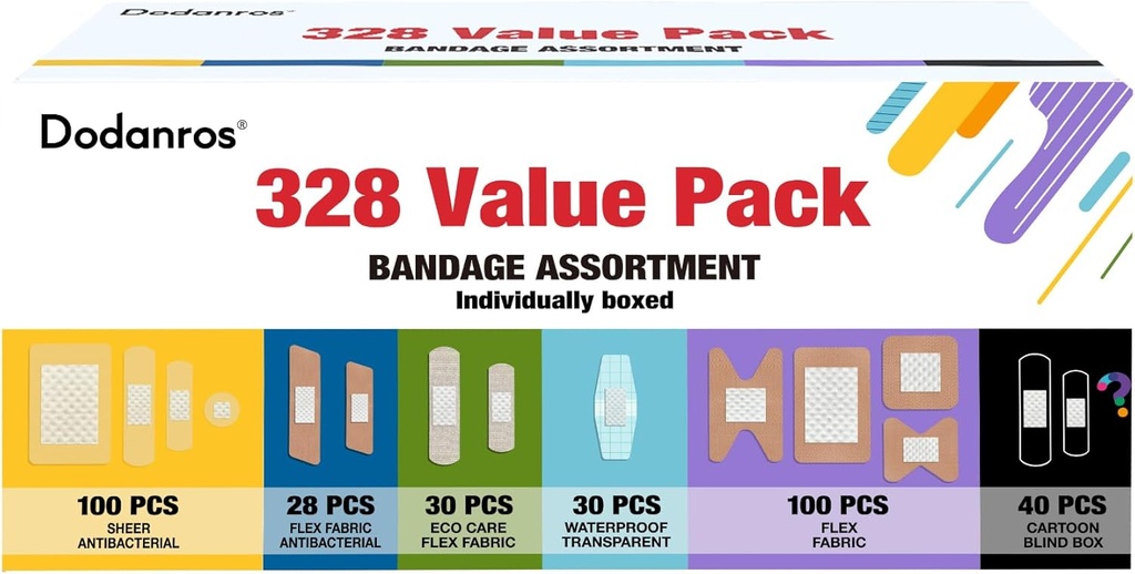 Variety Bandages Pack,328ct Assorted Bulk Various Sizes, Shapes &Features | Sheer & Flex Fabric with Benzalkonium, ECO Bamboo Fabric, Waterproof, Cartoon Blind Box Fragrance Bandages