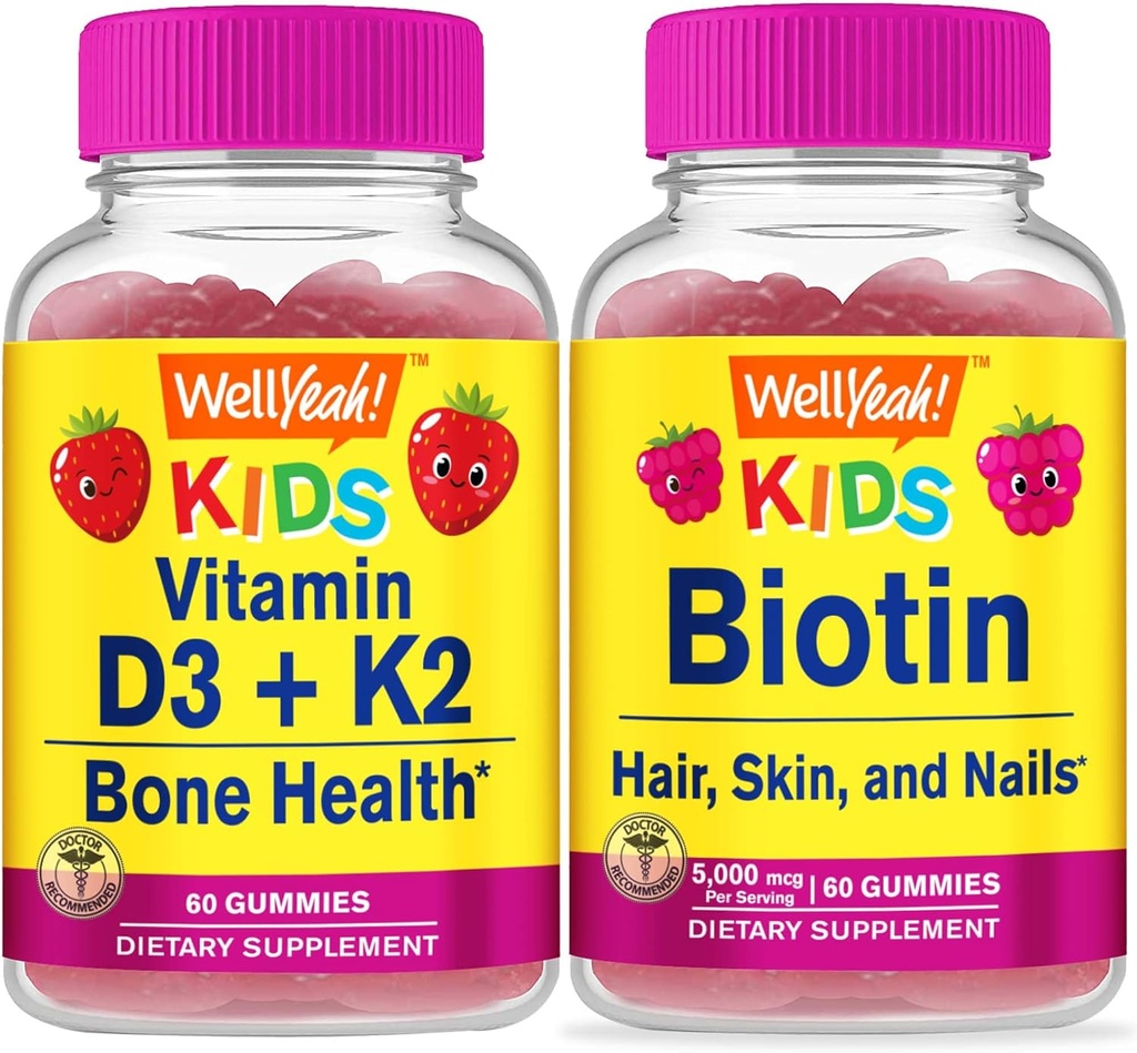 WellYeah Vitamin D3+K2 Kids + Biotin Kids, Gummies Bundle - Great Tasting, Vitamin Supplement, Gluten Free, GMO Free, Chewable Gummy