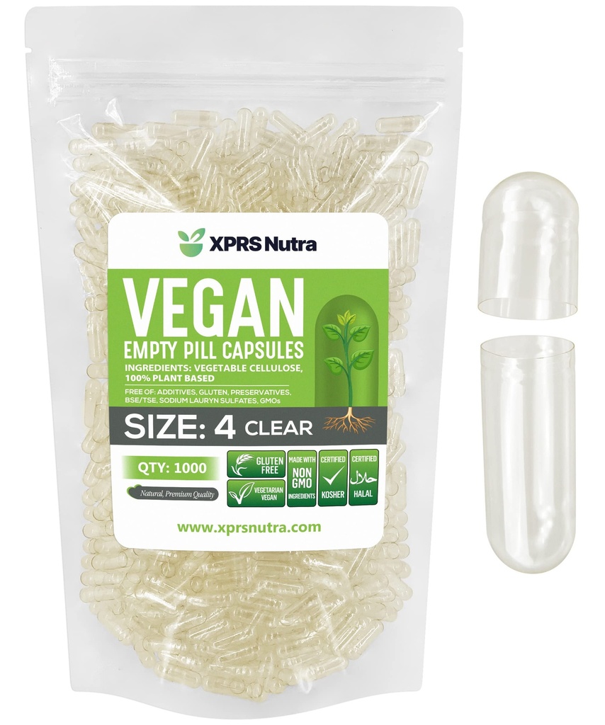 XPRS Nutra Size 4 Empty Capsules - 1000 Count Small Clear Empty Vegan Capsules- Vegetarian Pills - DIY Vegetable Capsule Filling - Fillable Do-It-Yourself Veggie Caps for Supplements