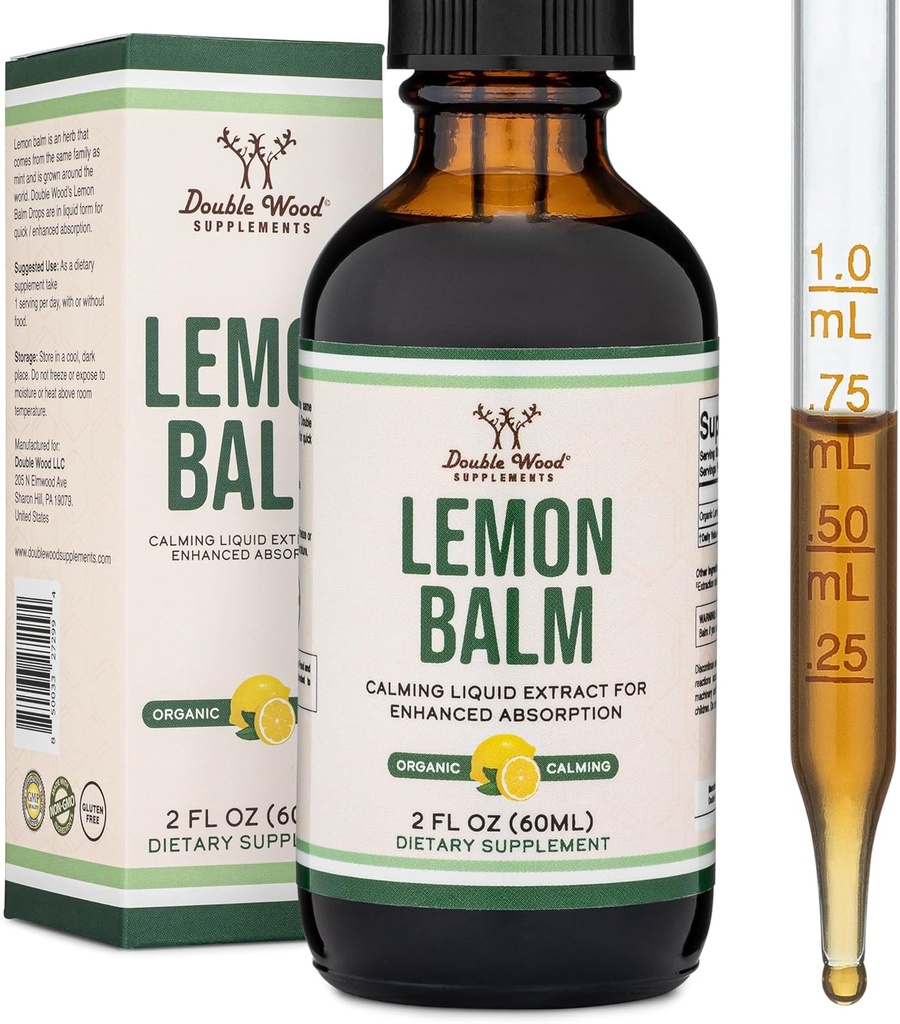 Double Wood Supplements Organic Lemon Balm Tincture - for Digestion & Relaxation 590mg - 2FL OZ, 120 Servings (Better Absorbed Than Capsules, Great for Lemon Balm Tea)