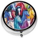 Colorful Cartoon Horses Printed Round Pill Organizer with 3 Compartments, Portable Mini Pill Box Pill Case for Medicine, Vitamin, Fish Oil, Supplements
