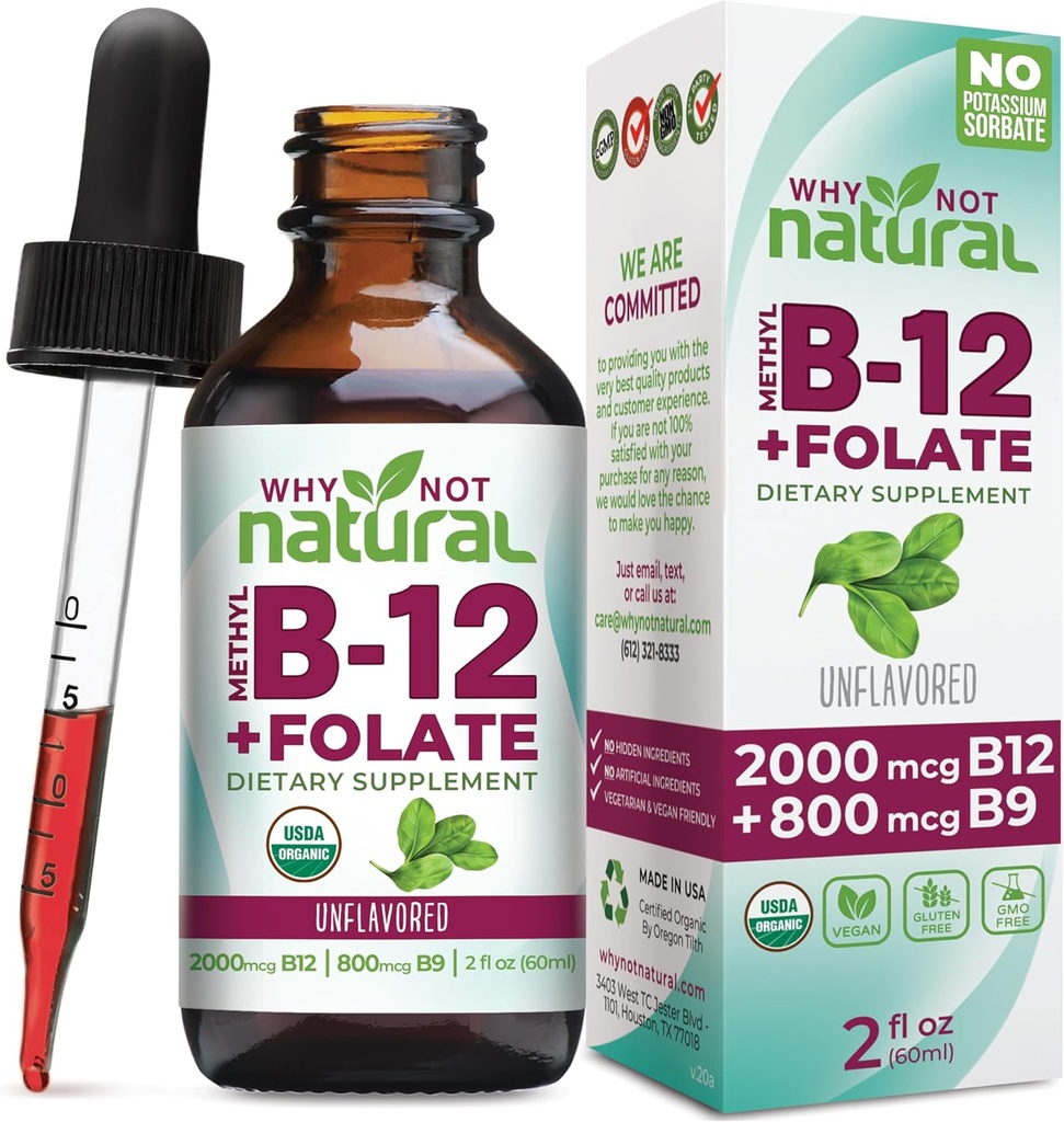 Why Not Natural Vitamin B12 Liquid Plus Folate - Organic Sublingual Extra Strength Vegan Drops - Methyl Supplement with Folinic