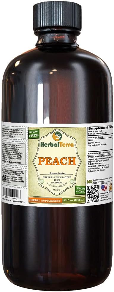 Peach (Prunus Persica) Tincture, Dried Leaves Liquid Extract (Brand Name: HerbalTerra, Proudly Made in USA) 32 fl.oz (0.95 l)