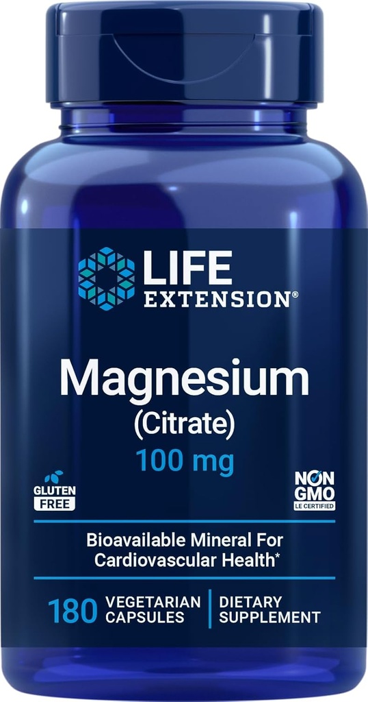 Life Extension Magnesium Citrate 100mg, 180 Veg Caps - Natural Mag Supplement - 100 mg Mineral Support Capsules - Vegan, Vegetarian, Non-GMO