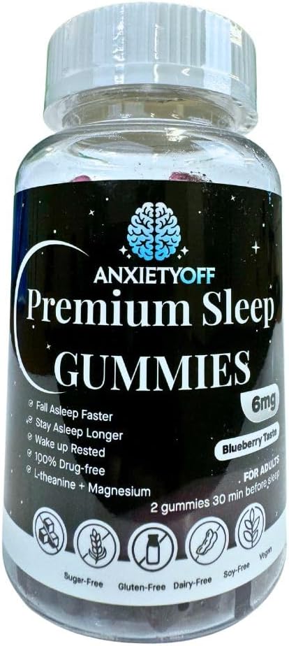 AnxietyOff Premium Sleep Gummies, Blueberry Flavor, Vegan, Sugar-Free, 60 Gummies