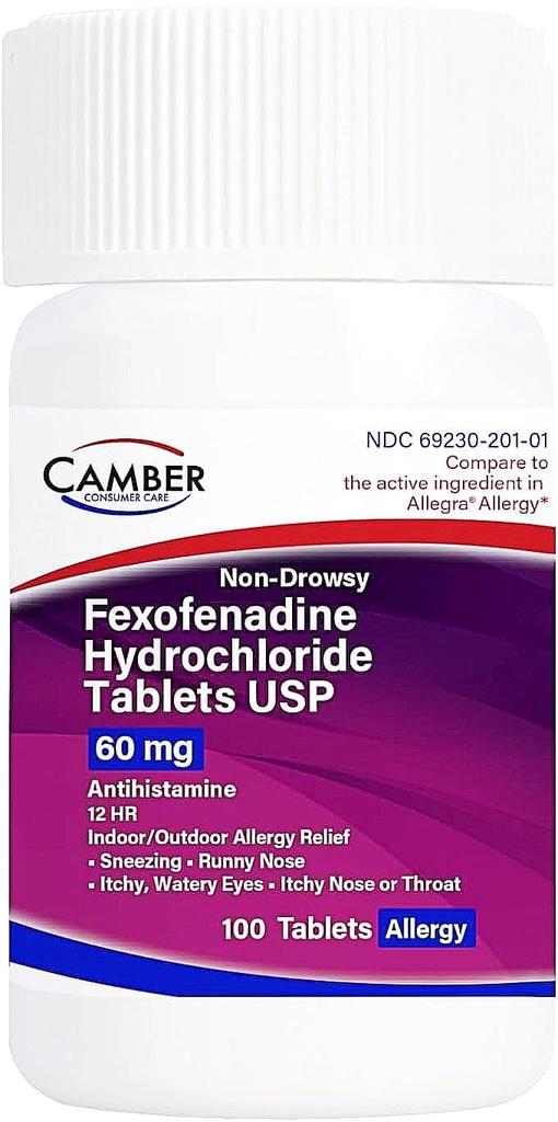 Camber Non-Drowsy Fexofenadine Antihistamine Indoor Outdoor Allergy Relief Tablets 60Mg 100 Count