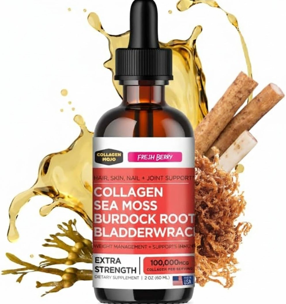 Collagen Mojo - Liquid Collagen for Women & Men, Collagen Peptides with Sea Moss, Burdock Root & Bladderwrack - Hair, Skin, Nails, Joint Support, Weight Management, High Absorption - 100,000mcg, 2 Oz