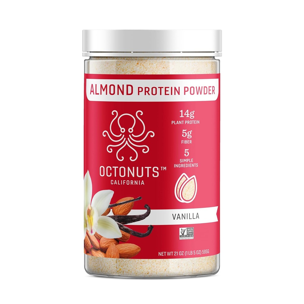 Octonuts Vanilla Almond Protein Powder 21oz – Plant Based Vegan Protein – Clean Low Carb Blend with 14g Protein, 5g Fiber – Keto, Paleo, Gluten Free, Non-Dairy – Ideal for Shakes, Smoothies, or Baking