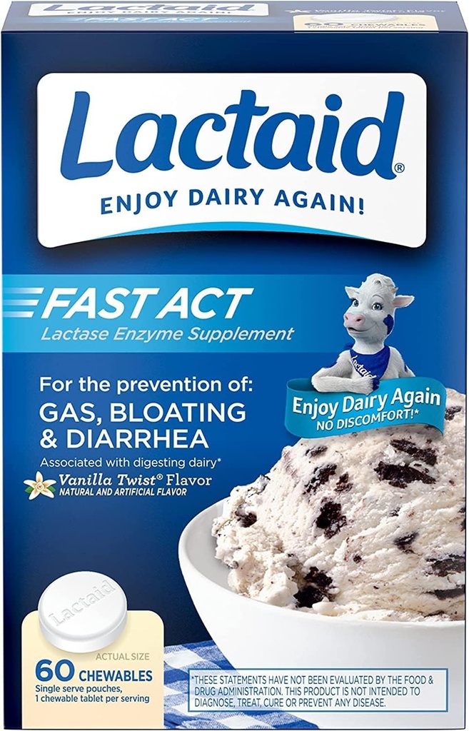 Lactaid Fast Act Lactose Intolerance Relief Chewables with Lactase Enzyme to Prevent Gas, Bloating & Diarrhea Due to LactoseSensitivity,Ideal for Travel&On-the-Go, Vanilla Twist,60 Packs of 1-ct.(5pk)