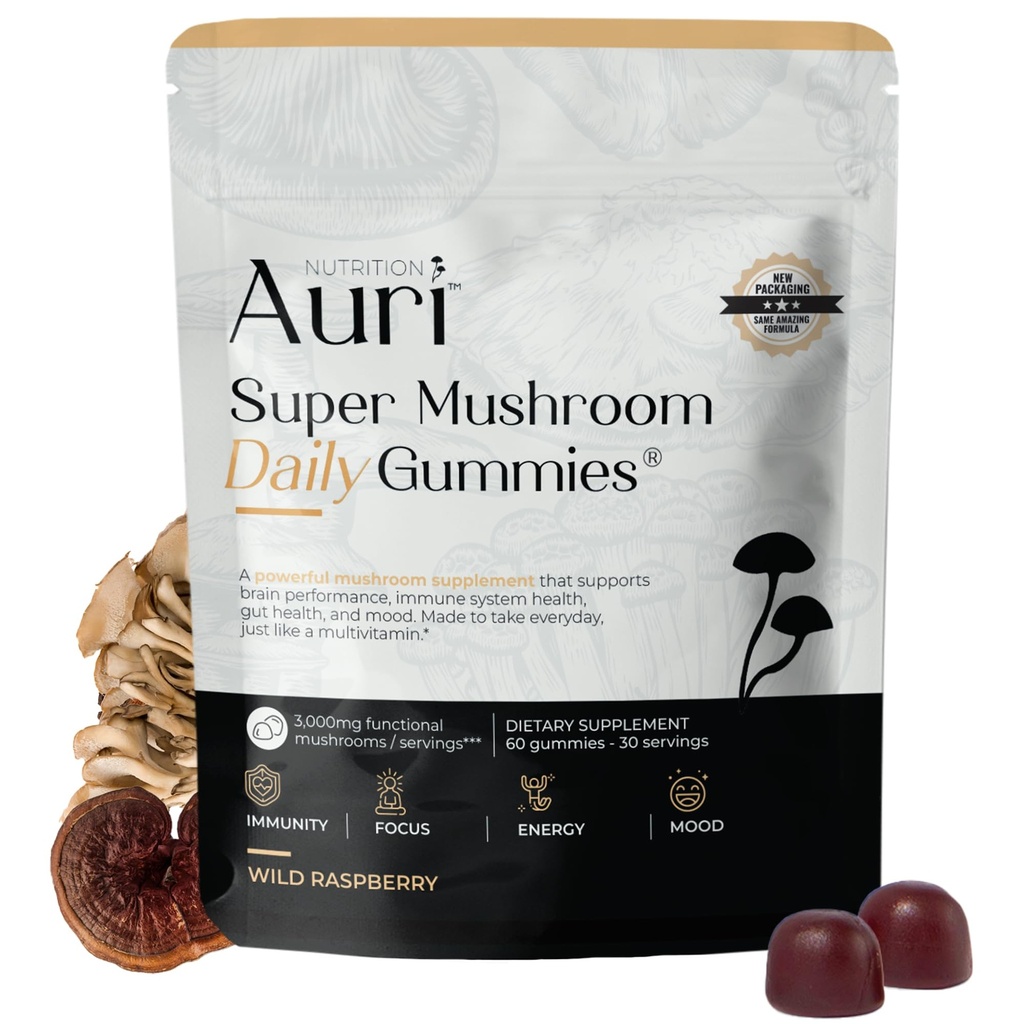 Auri Nutrition Super Mushroom Daily Gummies – All-in-One Functional Gummy with 12 Mushroom Blend Including Lion’s Mane, Reishi, Chaga & Cordyceps – 60 Gummies