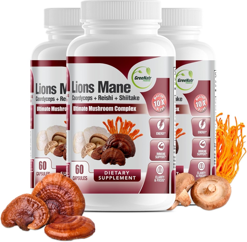 GreeNatr Complete Mushroom Supplement -10 in 1 Complex with Lions Mane, Cordyceps, Shiitake, Chaga, Turkey Tail for Immune Support, Memory, Focus & Natural Energy Booster - 180 Capsules (3 Bottles)