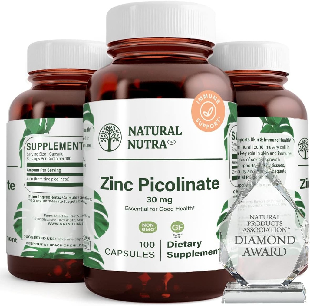 Natural Nutra Zinc Picolinate 30 mg, Double Strength, Raw and Pure, Highly Bioavailable Supplement for Growth and Immune Support, Helps Promote Skin Health, Helps Support Metabolic System 100 Capsules