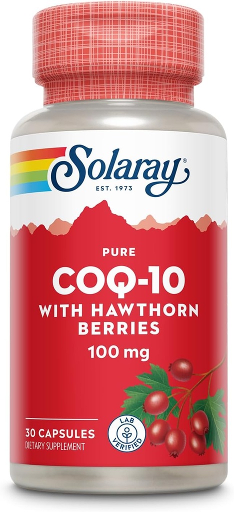 Solaray Pure CoQ10 100mg with Hawthorn Berry, Antioxidant Formula with CoEnzyme Q10 and Vitamin E for Cellular Energy and Heart Health Support, Lab Verified, 60 Day Guarantee, 30 Servings, 30 Capsules