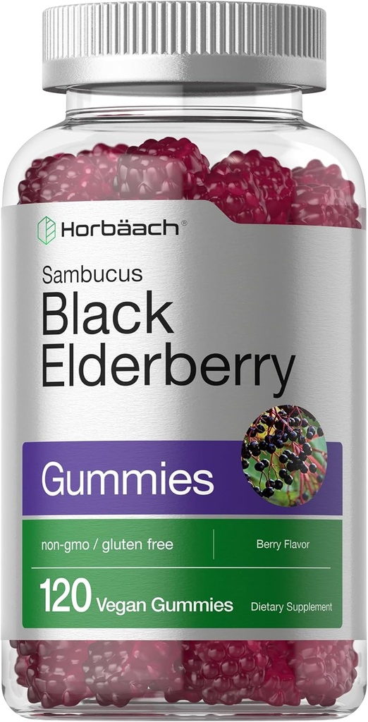 Horbaach Black Elderberry Gummies | 120 Count | Sambucus Extract | with Zinc and Vitamin C | Berry Flavor | Vegan, Non-GMO, and Gluten Free Supplement for Adults