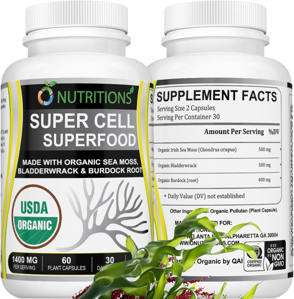 Sea Moss 60 Capsules USDA Certified Organic Irish Sea Moss Capsules with Bladderwrack & Burdock Root – Immune Support Supplement for Men and Women – Womens Vitamins and Mens Vitamins (1 Pack)
