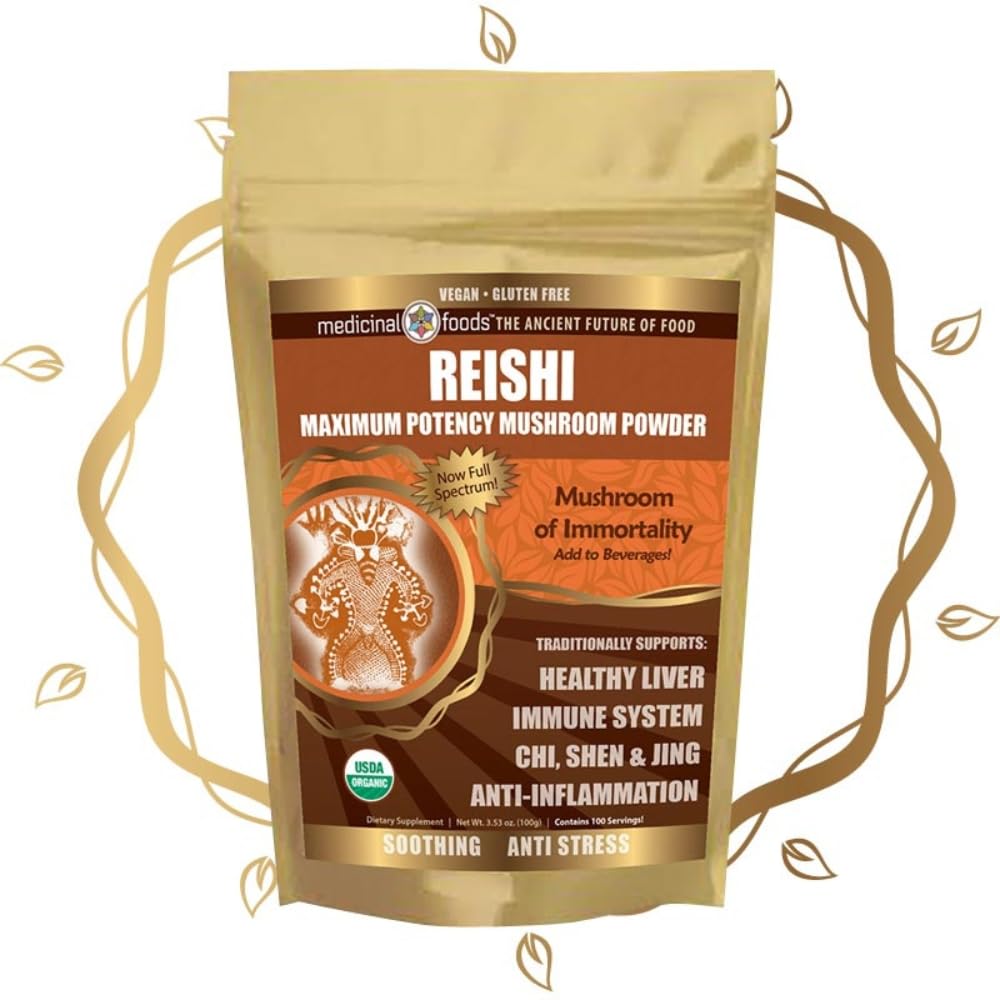Medicinal Foods Reishi Mushroom Powder - Highest Potency, Full-Spectrum, Soothing, Anti-Stress, For Smoothies & Tea, Organic, Vegan, Non-GMO, Gluten-Free (100 servings)