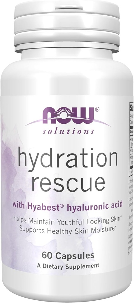 NOW Foods Solutions, Hydration Rescue with Hyabest® hyaluronic acid, Helps Maintain Youthful Looking Skin*, Supports Healthy Skin Moisture*, 60 Veg Capsules
