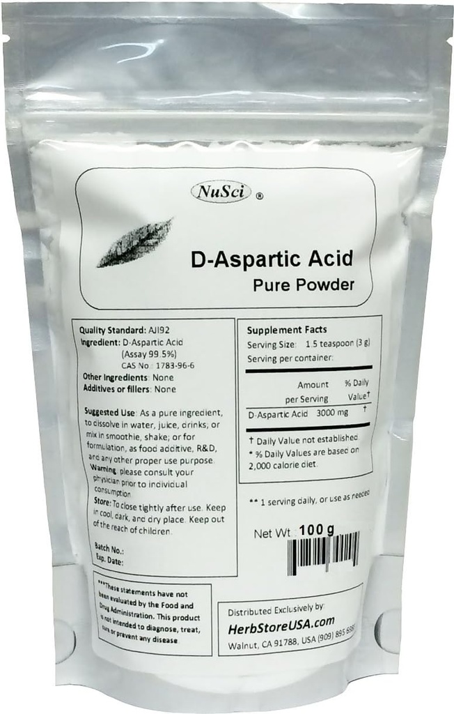 Pure D-Aspartic Acid (DAA) Powder AJI Quality Standard (100 Grams (3.52 oz))